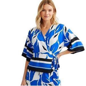 Nine West Kimono Blouse Womens Sz Small Wrap Belted Side Tie Artsy City Girl